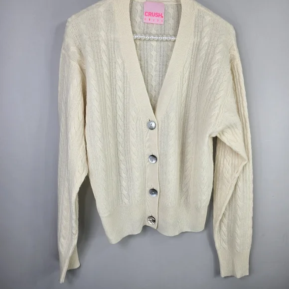 Crush Womens Cashmere Cream Ivory Cable Knit Soft Luxury Cardigan Sweater Top SM